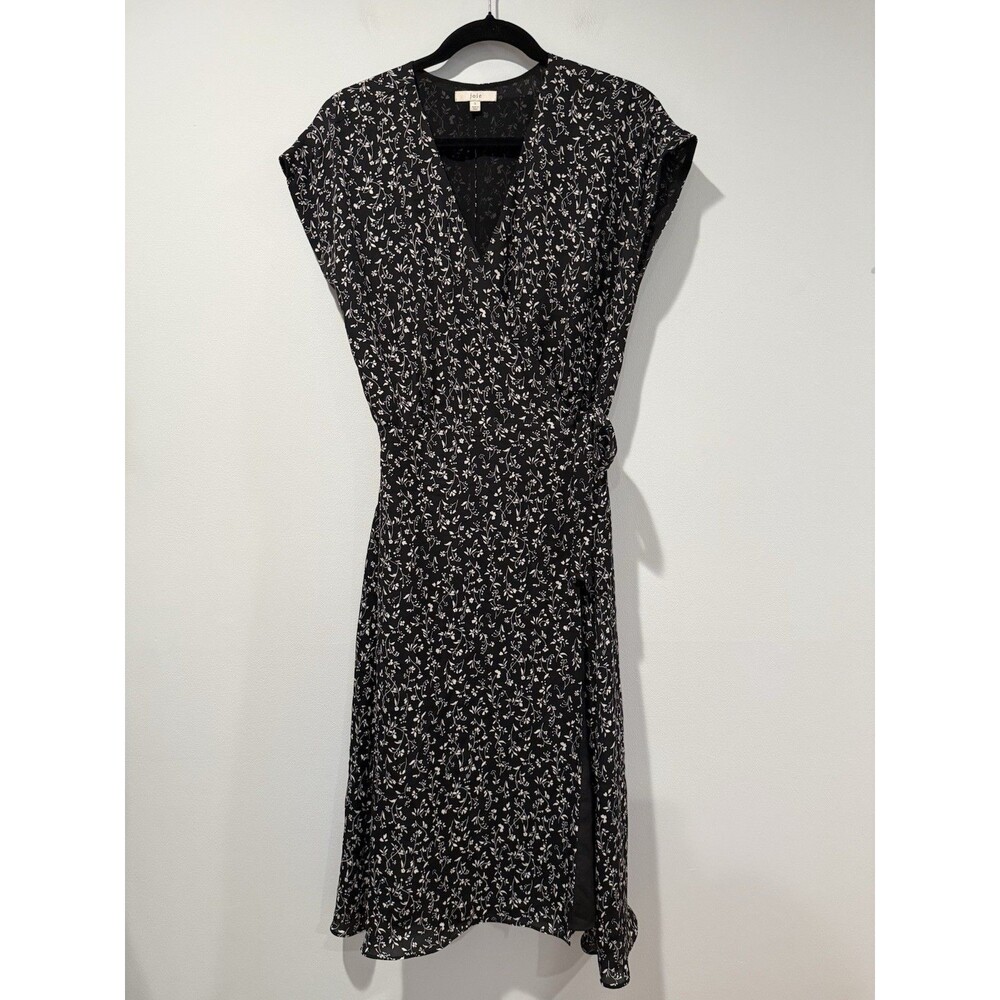 Joie Midi Wrap Dress Small Black Silk Floral Whimsigoth Work Date Night Travel